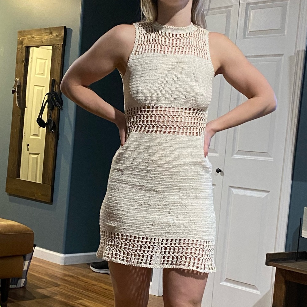 Handmade Crochet Dress 70s Bohemian High Neck Sheer Vintage Cream